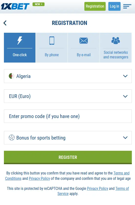Creating an entry in the 1xbet app on Android