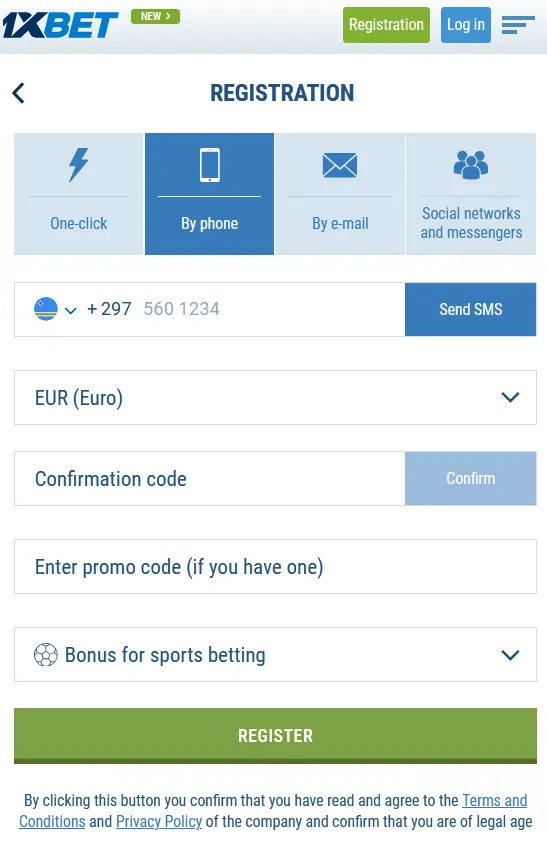 Registration process in the 1xbet app on iOS