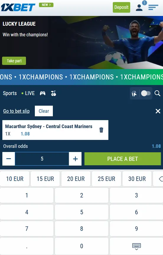 The process of placing a bet in the 1xbet app on iOS