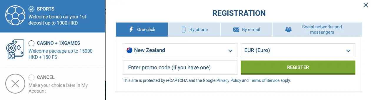 Express registration in one click - 1xBet