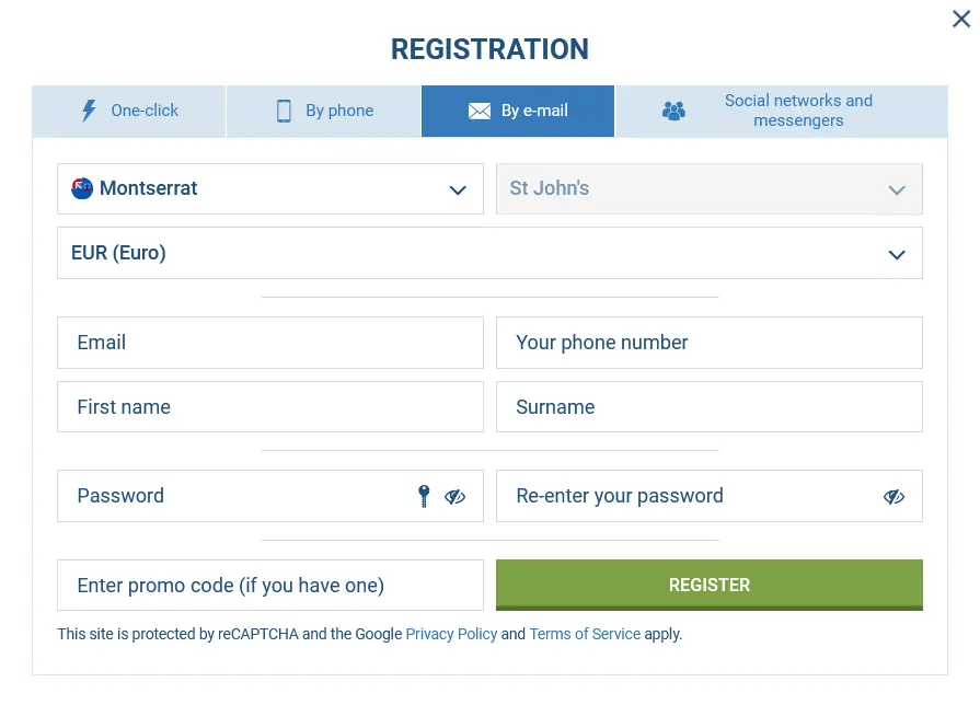 Registration by mail - 1xBet