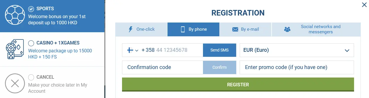 Registration by phone number - 1xBet