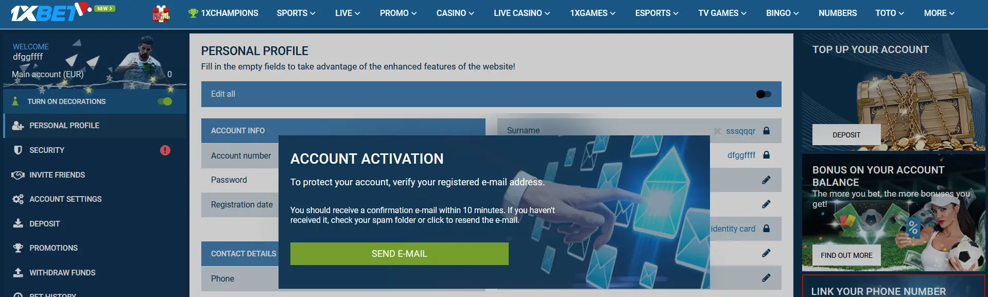 Transferring money between users in 1xBet