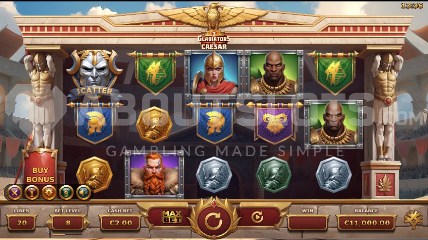 Base game of 3 Gladiators vs Caesar slot.