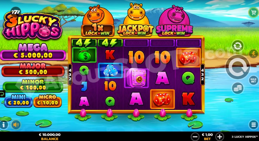 Base game view of 3 Lucky Hippos slot with hippos above reels.