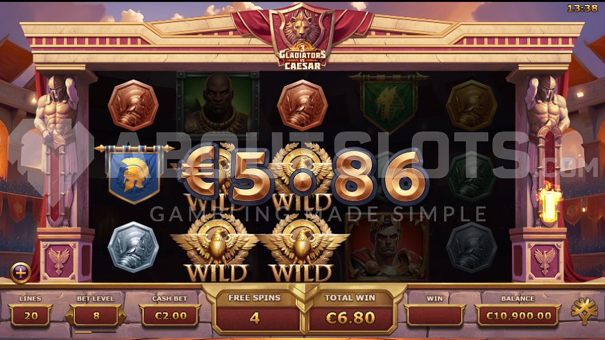 Winning in Free Spins mode in 3 Gladiators vs Caesar.