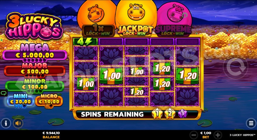 Jackpot feature in Lock N' Win of 3 Lucky Hippos slot with gold piles background.