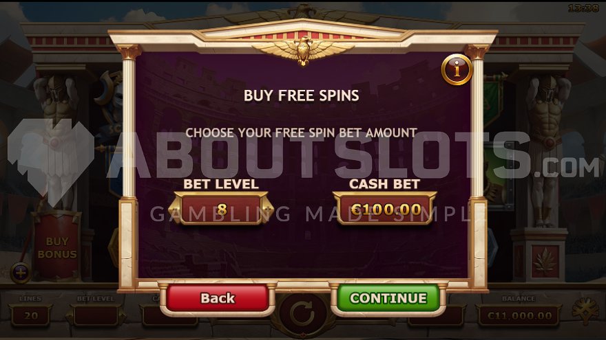 Screenshot showing the Free Spins feature buy option for 100 euros in 3 Gladiators vs Caesar.