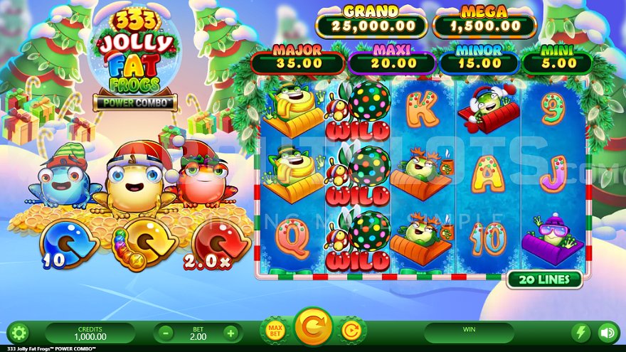 Gameplay of 333 Jolly Fat Frogs Power Combo slot featuring three frogs on a frozen lake.