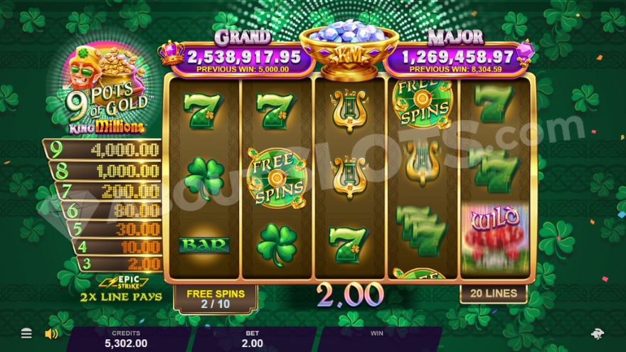 Free Spins bonus game with the Epic Strike payout table visible on the left.