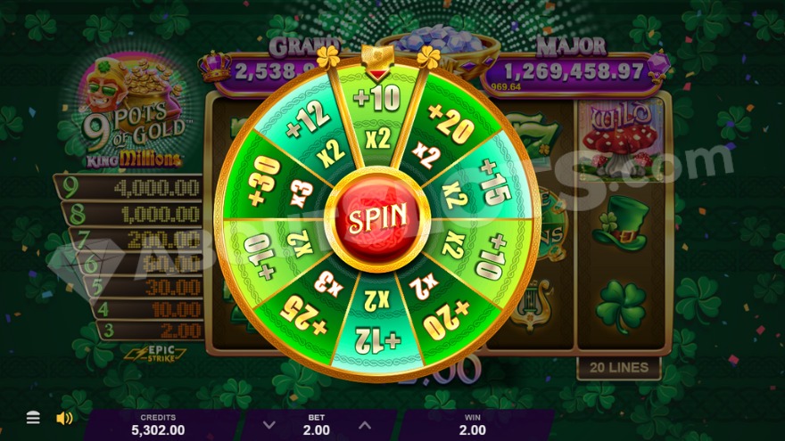 Free Spins Wheel initiating, showing various amounts of free spins and multipliers.
