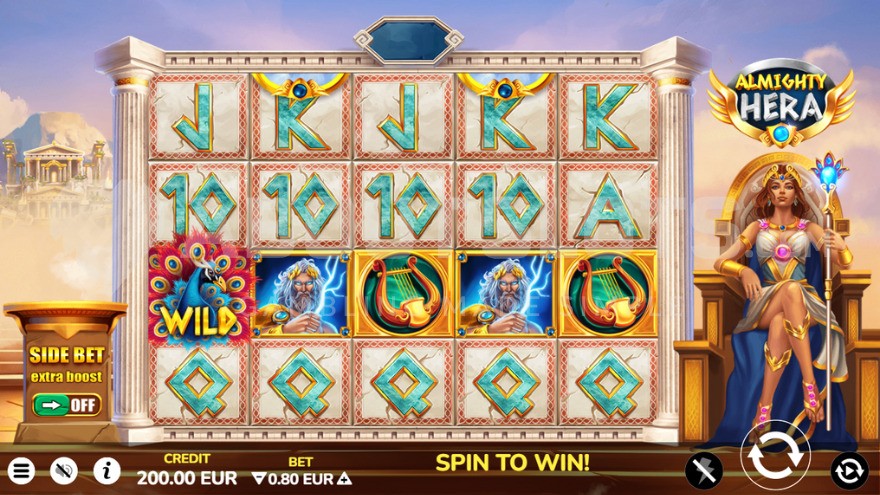 Base game with Hera seated to the right of the reels.