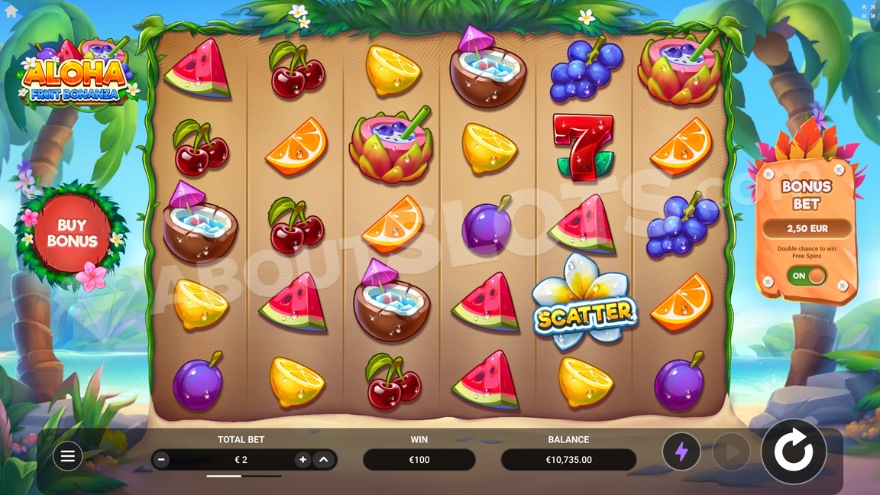 Aloha Fruit Bonanza slot game main screen featuring ocean and palm trees