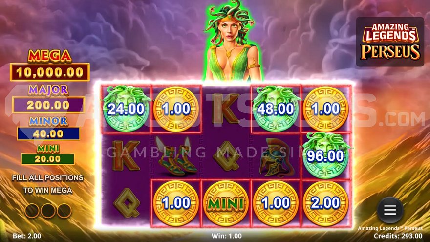 Medusa Collect-All Feature in Amazing Legends Perseus SpinPlay Studios casino slot bonus game.