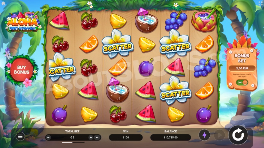 Aloha Fruit Bonanza free spins activated by 4 scatter symbols