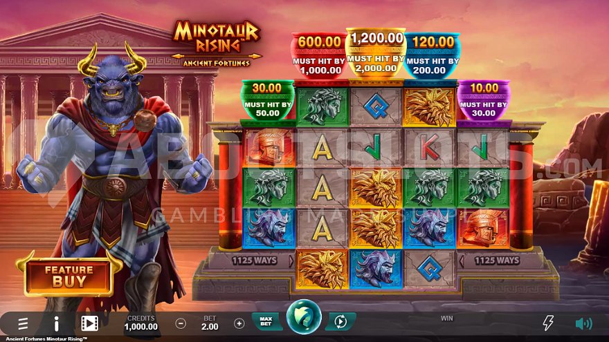Gameplay of Ancient Fortunes Minotaur Rising slot game.