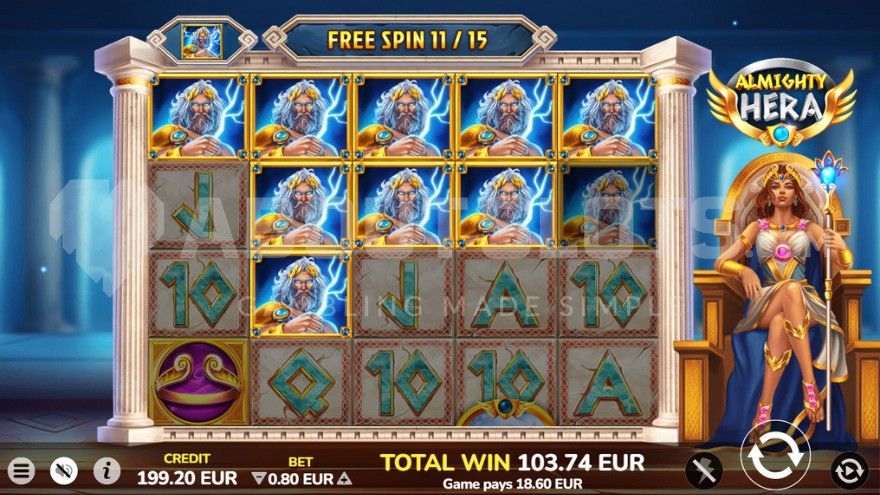 Free Spins mode with Zeus as a super stack symbol.