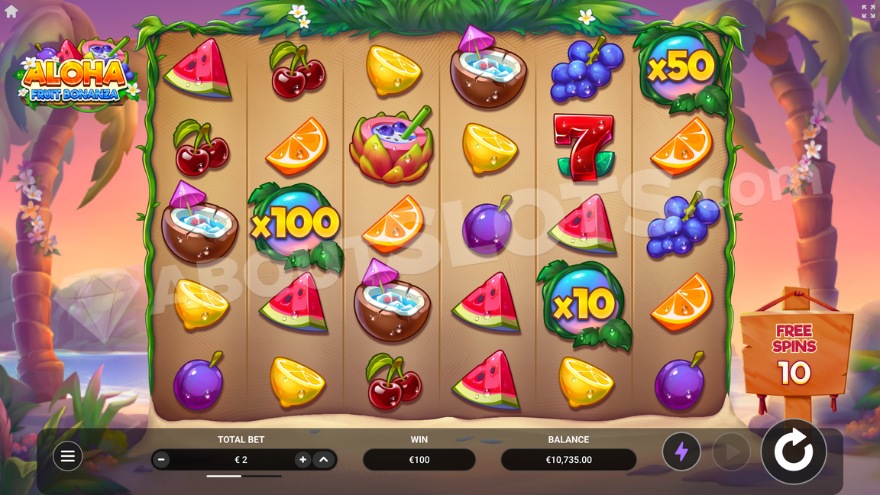 Aloha Fruit Bonanza free spins feature with multipliers 100x, 50x, and 10x on the reels