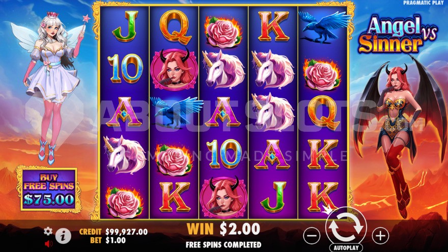 Base game featuring an angel and devil flanking the reels.