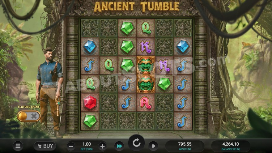 Gameplay in Ancient Tumble with a dense rainforest backdrop.