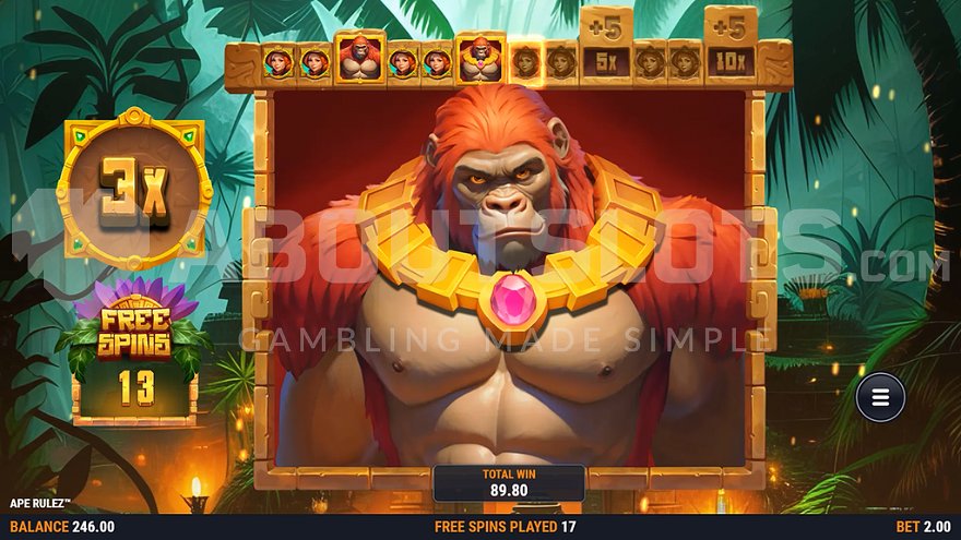 Large gorilla symbol covering all reels during free spins.