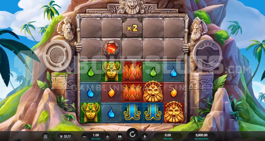 Base game featuring a tropical island backdrop behind the reels.