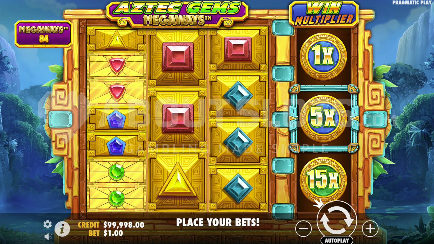 Base game showing a 3-reel grid with a variable number of symbols on each reel and an additional multiplier reel.