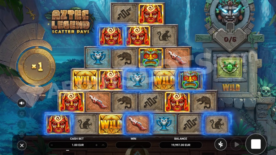 Base game with Wild symbols on reels and a 1X multiplier shown left.