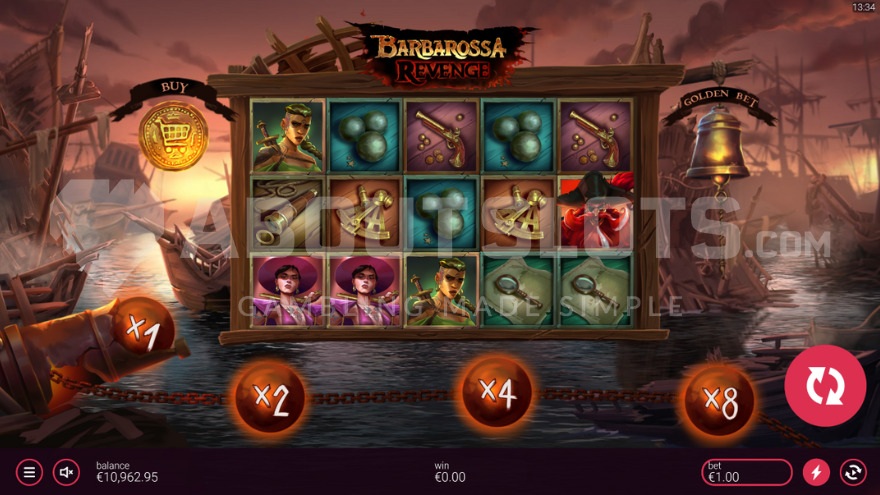 Gameplay of Barbarossa Revenge slot showing destroyed ships in the background