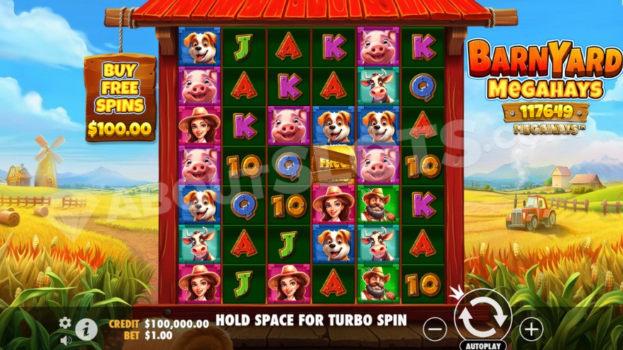 Barnyard Megahays Megaways base game featuring a farm backdrop with elements like a tractor and windmill.