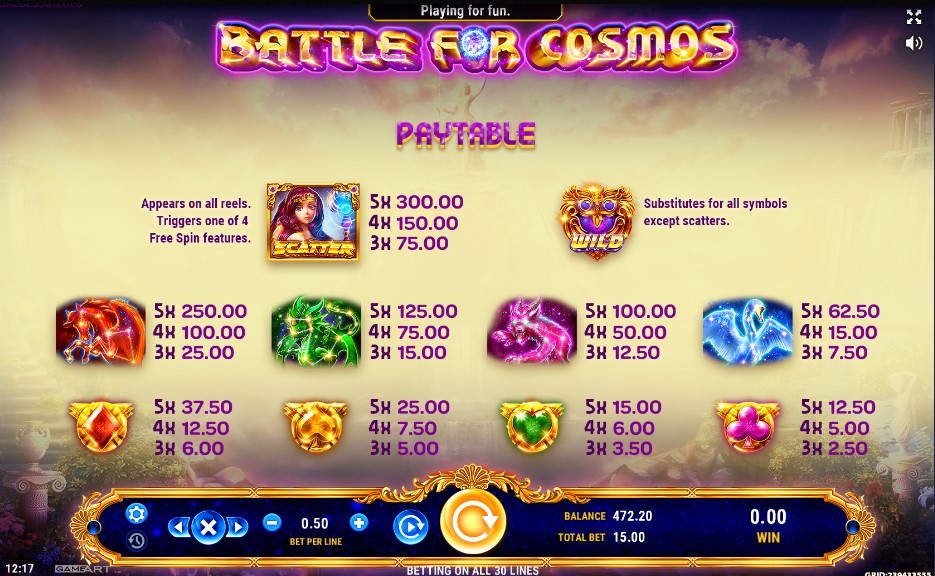 Paytable of Battle for Cosmos slot