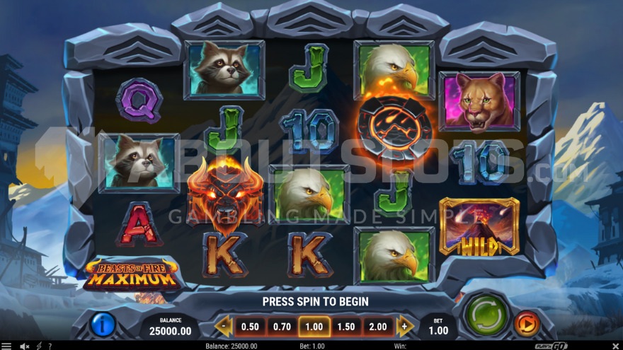 Base game image featuring various animals and a fire beast on the reels