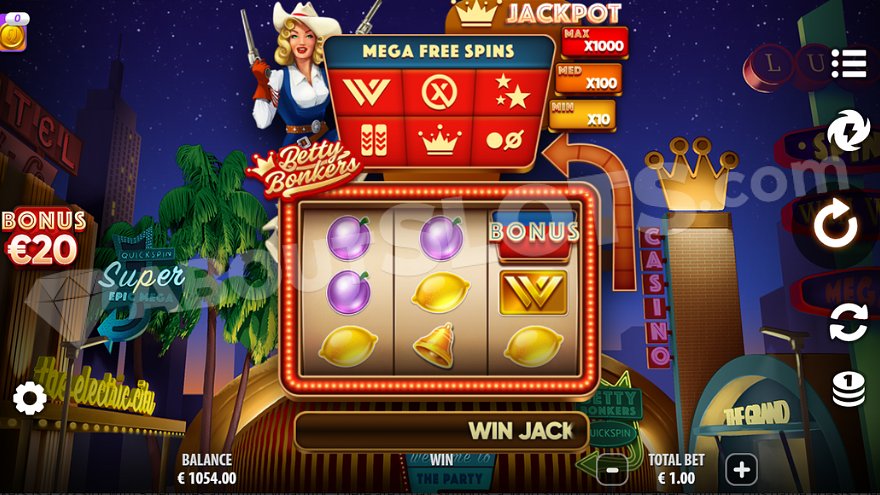 Night strip in Las Vegas with three reels of slot in the center of the game.