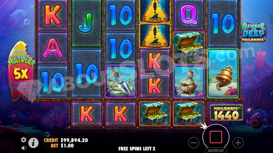 Deep Free Spins feature with a 5x multiplier on the left.