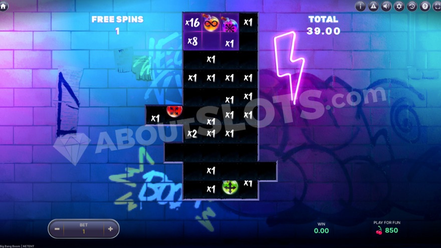 Bonus game with free spins, several bombs visible on the reels.