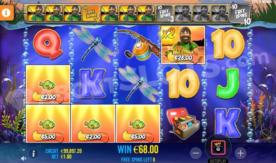 Wild symbol with 2X multiplier collecting four fish totaling €28.00.