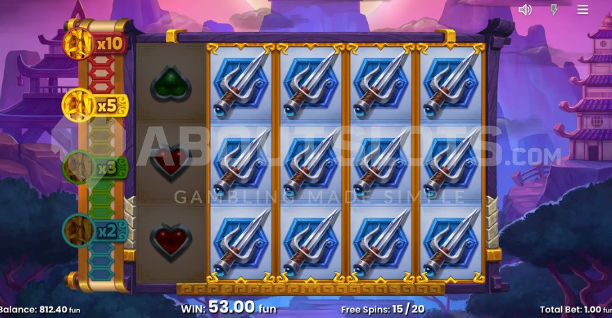 Bonus game with four expanded mystery bamboo symbols revealing katana symbols.