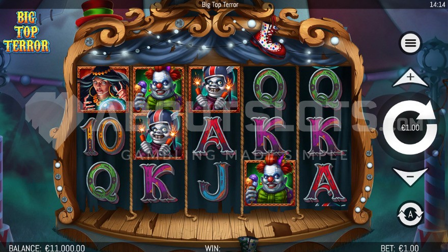 Base game featuring four clown symbols on the reels in Big Top Terror slot.