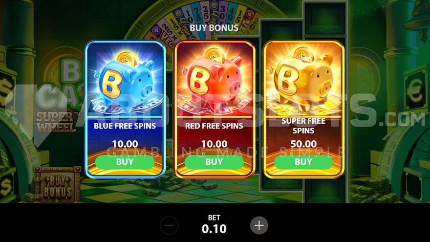 Screen offering free spins for 100X bet and super free spins for 500X bet.