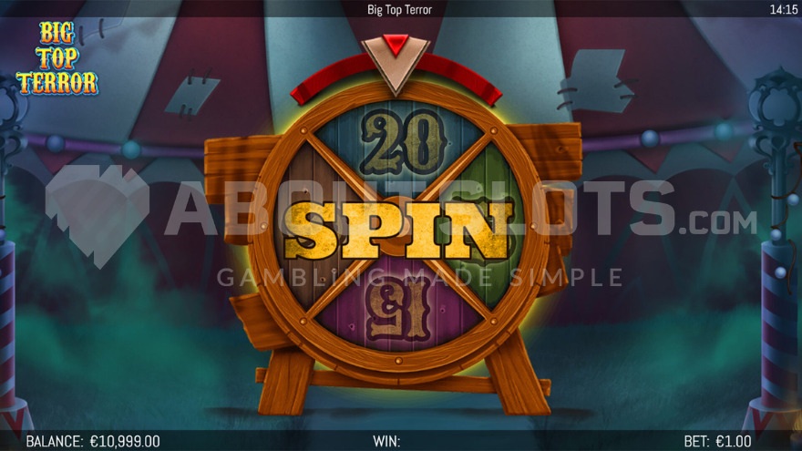 Free Spins wheel displayed on screen in Big Top Terror slot.