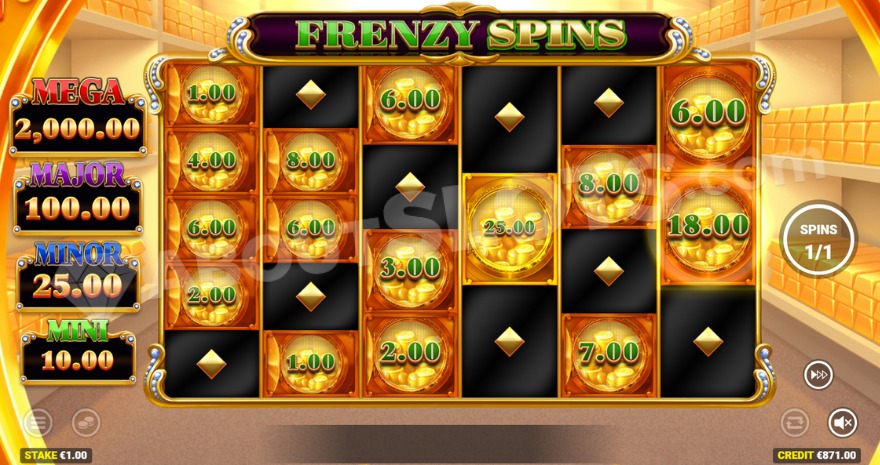 Frenzy Spins feature with stacks of gold bars in the background.