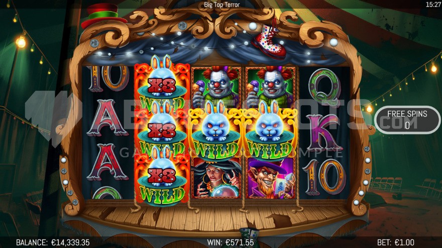 Free Spins bonus game featuring five wild symbols on the reels in Big Top Terror slot.