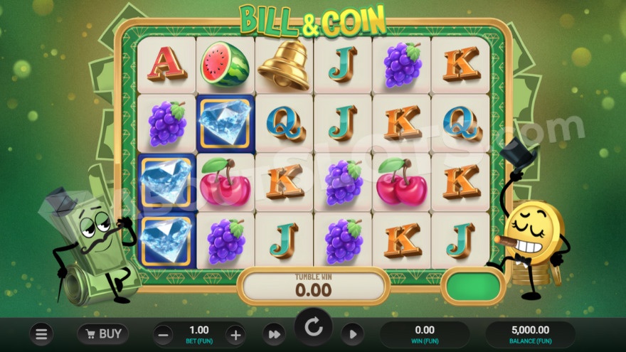 Base game view featuring Bill and Coin on either side of the reels.