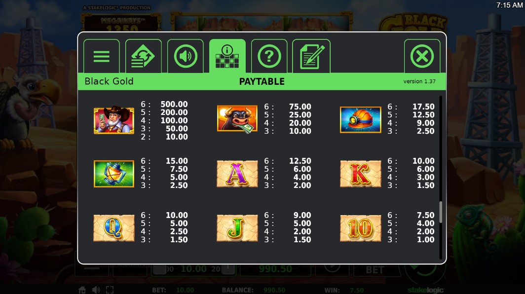 Black Gold Megaways Paytable