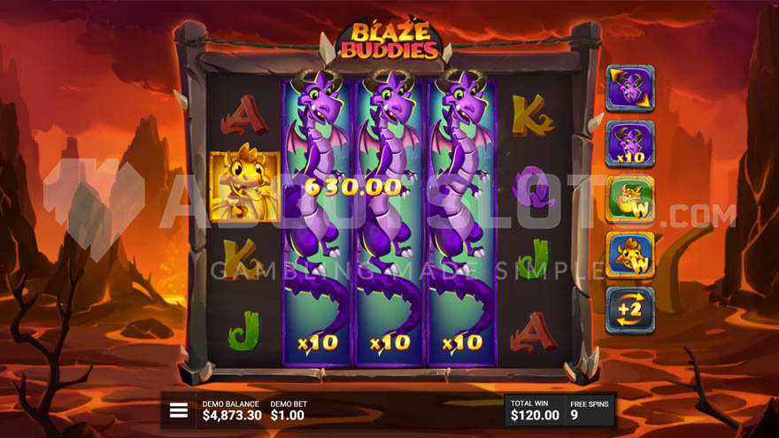 Bonus free spins in progress with 5 active enhancements on the right and 3 expanded dragon symbols on the 3 middle reels with a win of 630.00.
