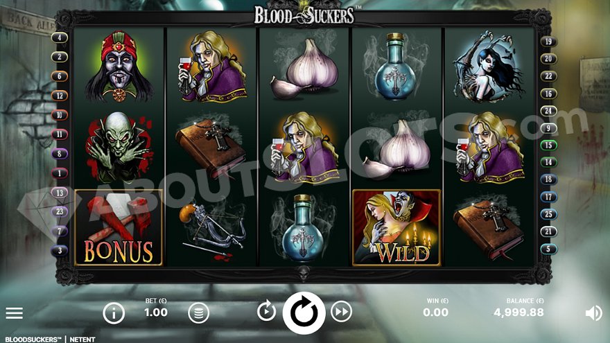 Misty room with a bloody handprint on the wall and 5 reels with vampires and other symbols in the middle.