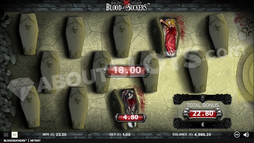 Twelve coffins on the floor. Two of them are open, showing dead vampires with wooden stakes in their hearts.