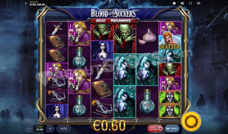 Six reels displaying vampire symbols against an antique house backdrop.