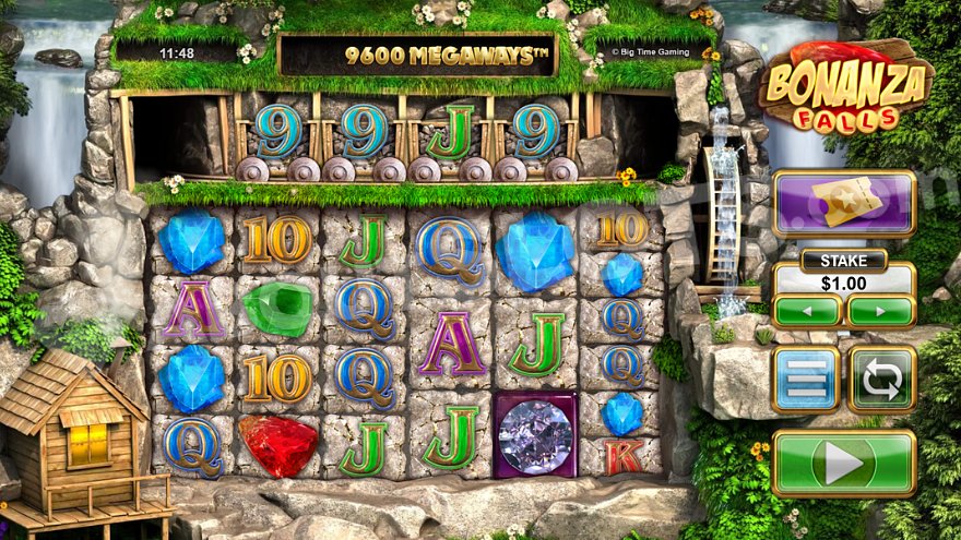 Megaways grid with carts above the reels in Bonanza Falls Slot.