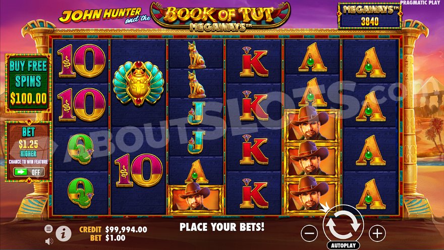 Six reels of the slot machine with a varying number of rows against the backdrop of the Egyptian desert.